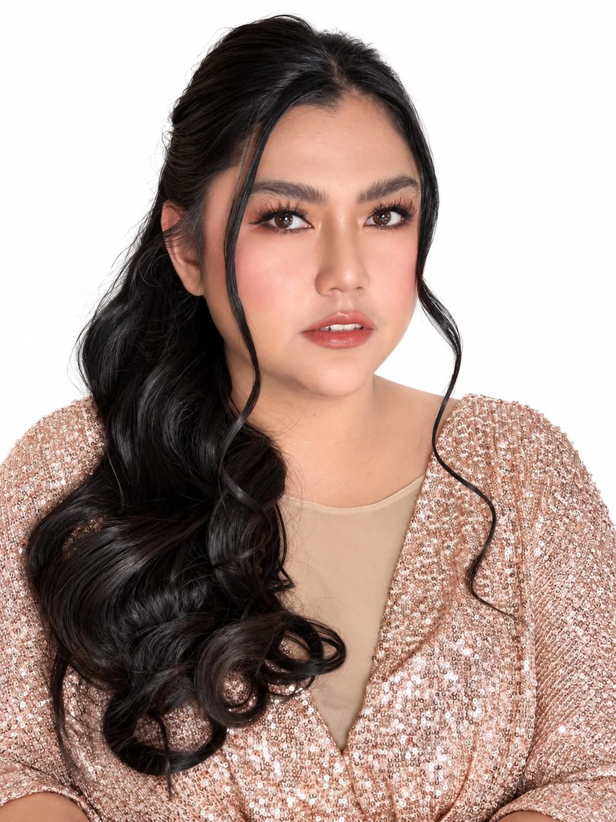 Soft glam makeup with long voluminous curls